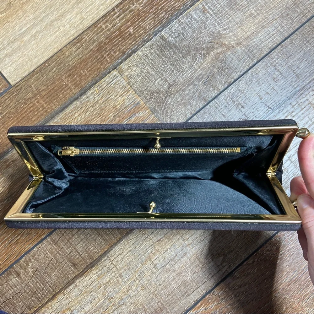 Vintage Satin Black and Gold Kiss Lock Clutch with Interior Coin Pouch